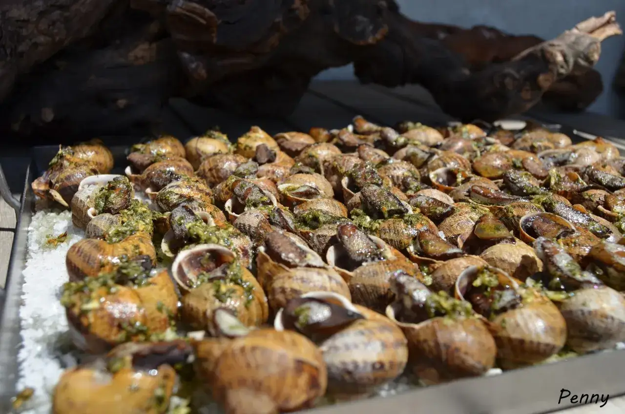 Una bandeja llena de caracoles al horno, cubiertos con una sabrosa salsa verde y servidos sobre sal gruesa.