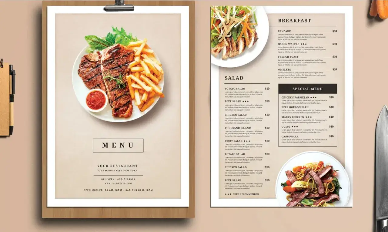 Un men&uacute; de restaurante con im&aacute;genes de bistec y papas fritas, ensalada de pollo y pasta.