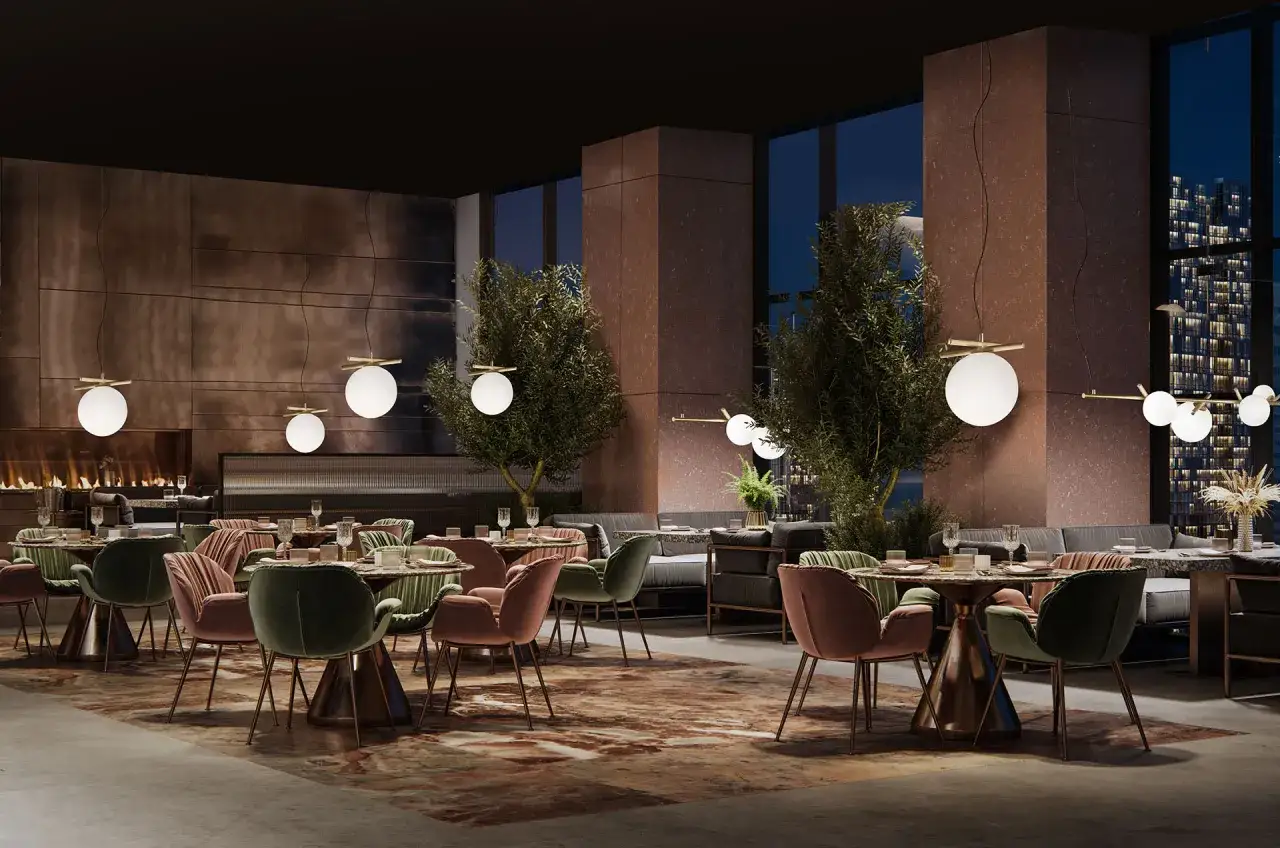 Elegante iluminaci&oacute;n de restaurantes con l&aacute;mparas esf&eacute;ricas blancas y c&aacute;lidas, creando un ambiente acogedor.