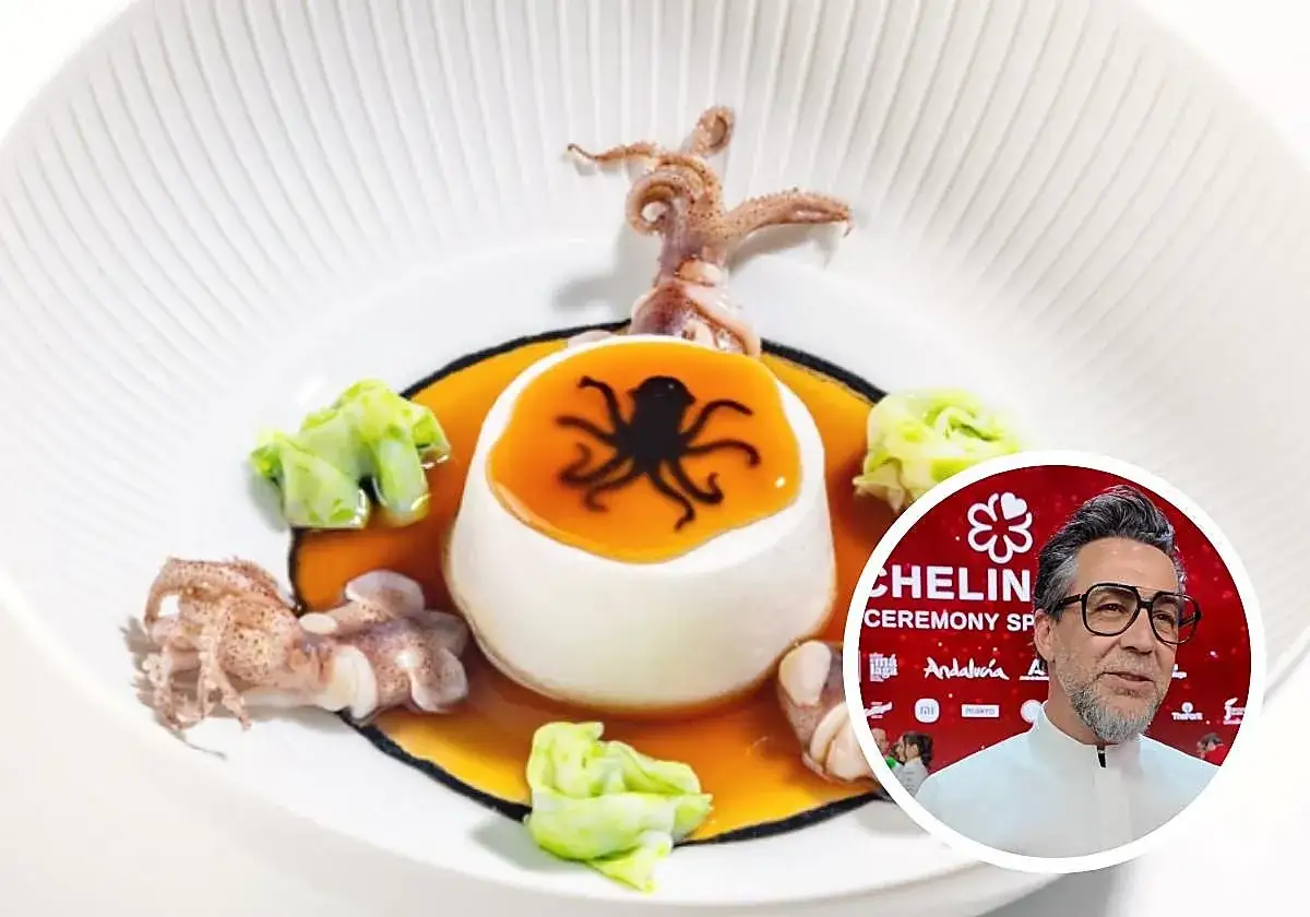Un plato de calamares con una esfera blanca y un pulpo negro, digno de platos estrella Michelin.