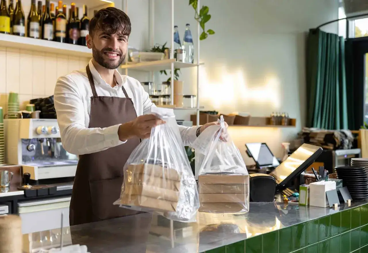 Hombre sonriente con delantal marrón, listo para abrir un restaurante, entregando bolsas con comida para llevar.