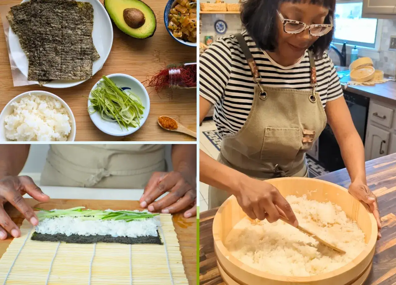 Preparando los ingredientes para aprender como se enrolla el sushi: arroz, alga nori, aguacate y pepino.