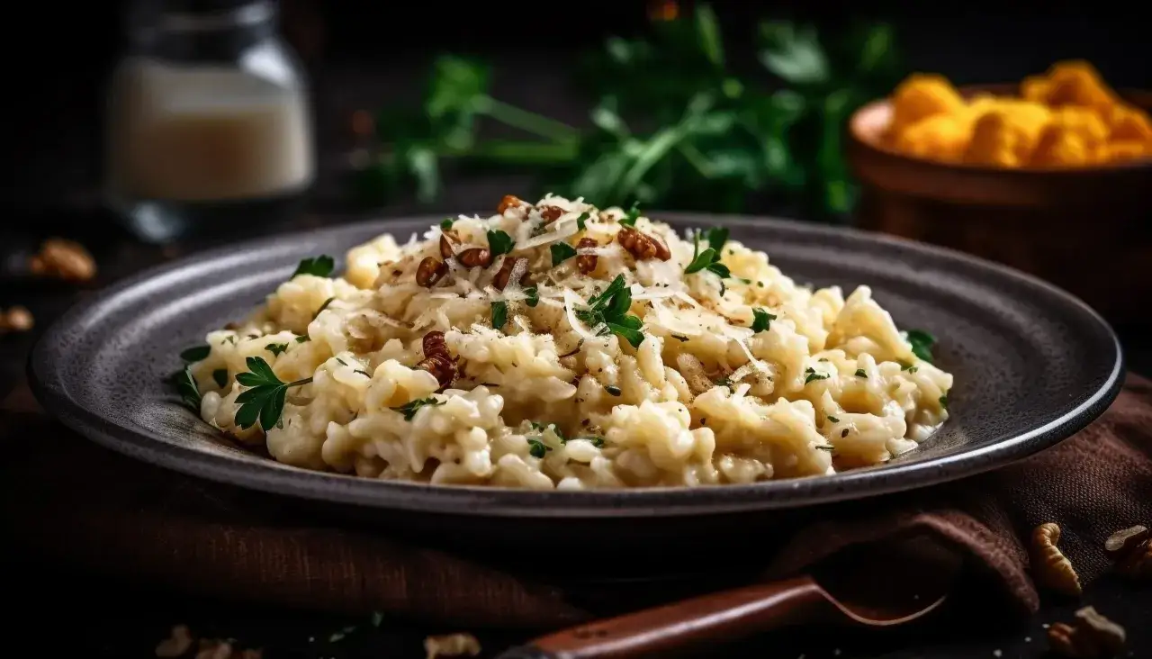 Un cremoso risotto con queso rallado y nueces, perfecto para negocios de comida que buscan ofrecer platos reconfortantes y deliciosos.