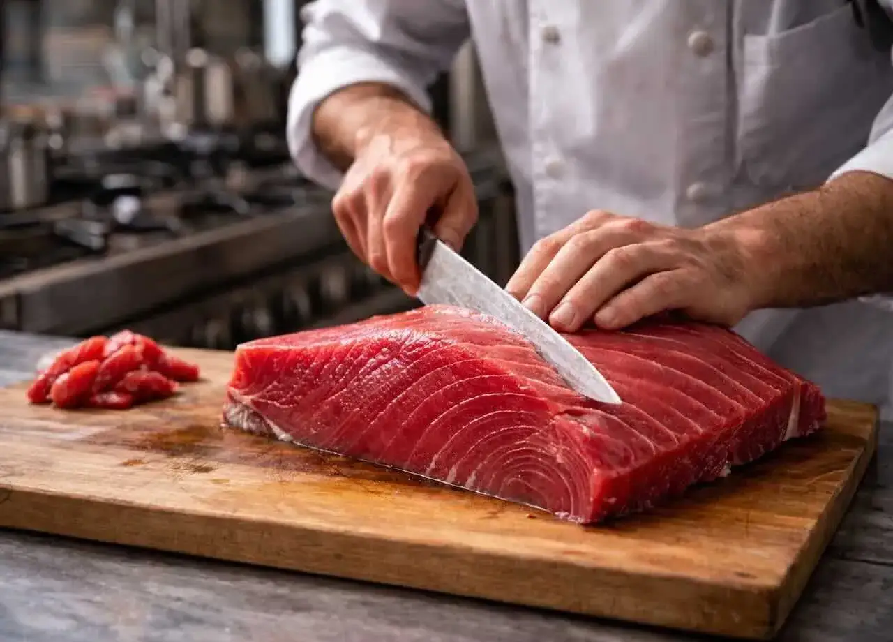 Chef corta un gran filete de at&uacute;n rojo fresco en una tabla de madera. El ronqueo at&uacute;n es un arte.