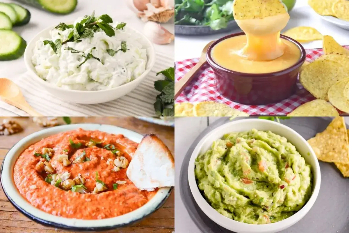 Cuatro dips para dipear: tzatziki, queso fundido, muhammara y guacamole. &iexcl;Perfectos para compartir!
