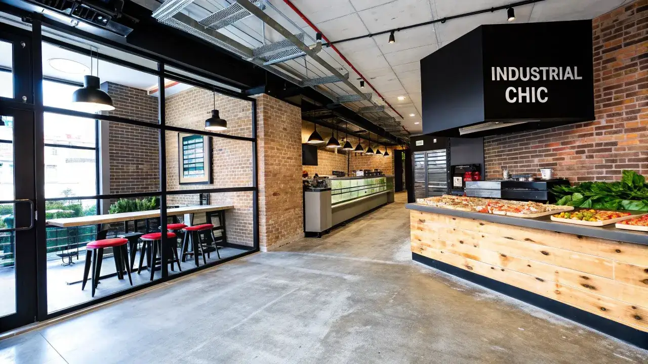 Interior de una pizzer&iacute;a con estilo industrial chic. Mesas altas con taburetes rojos, vitrinas refrigeradas y pizzas listas para servir. Un buen lugar para empezar a pensar cuanto cuesta abrir una pizzeria.