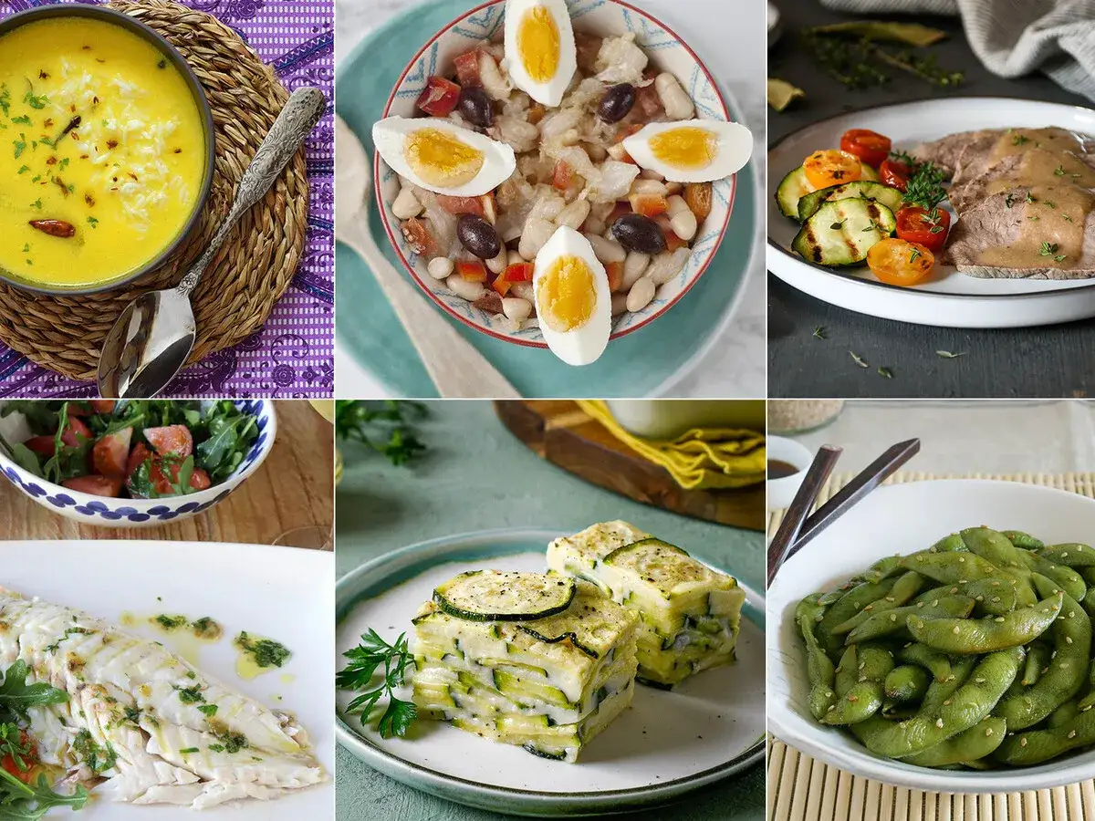 Platos saludables para tu dieta: sopa cremosa, ensalada de legumbres, carne con verduras, pescado al horno, lasa&ntilde;a de calabac&iacute;n y edamame. &iexcl;Un men&uacute; ideal para un coach de nutrici&oacute;n!
