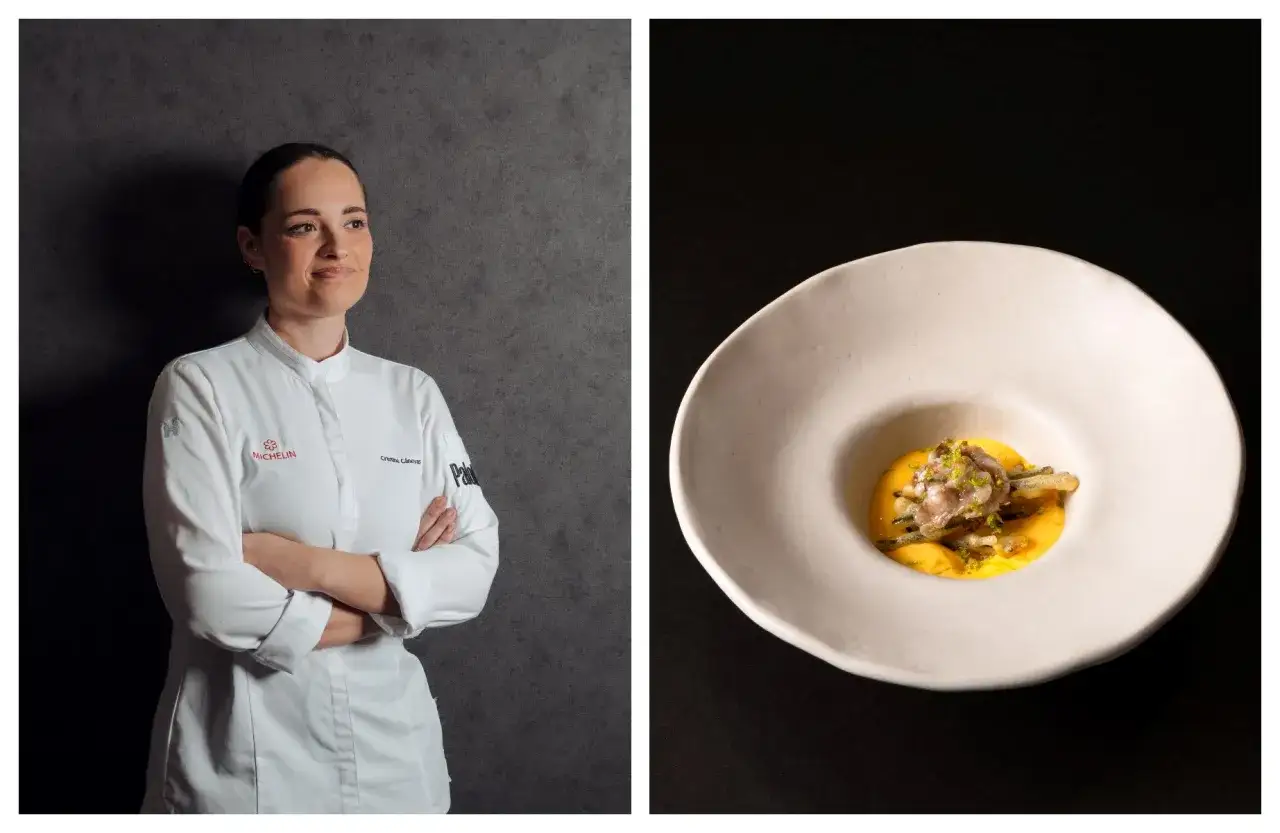 Chef Cristina Cánovas, una chef 3 estrellas Michelin, presenta un plato de autor en un cuenco blanco.