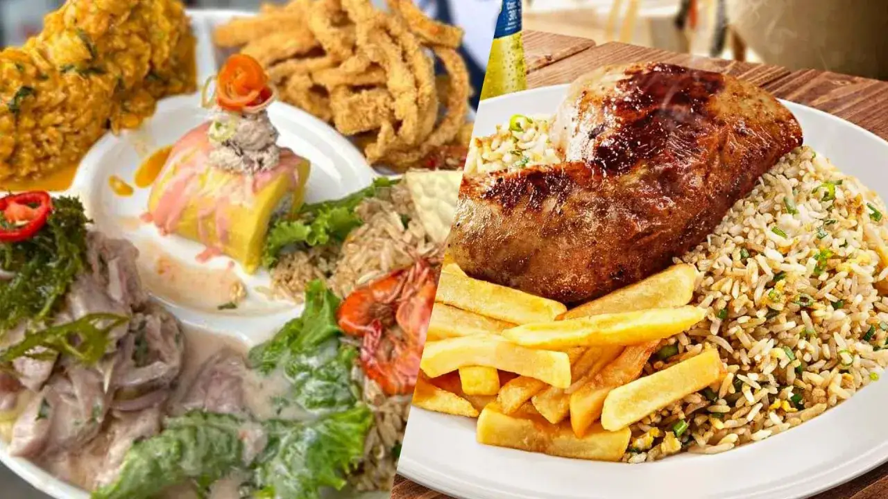 Un festín de la gastronomía de Perú: ceviche fresco, causa limeña, arroz con pollo y un jugoso lomo saltado con papas fritas.