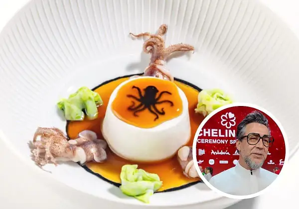 Un plato estrella Michelin con calamares y una esfera blanca con un pulpo negro. Un chef con gafas aparece en un círculo.