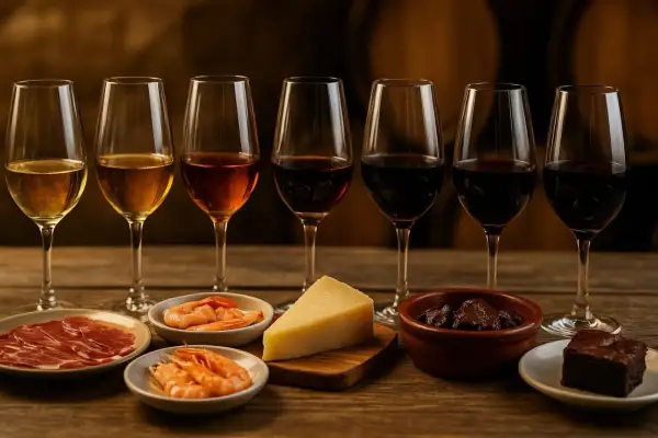 Degustación de vinos de pasto con jamón, gambas, queso y postre.