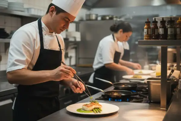 Chef emplatando un plato gourmet, parte del ciclo de cocina. Otro cocinero trabaja al fondo.
