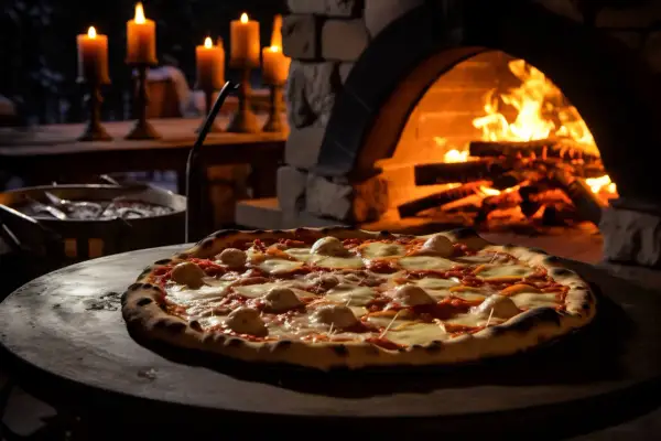 Pizza recién hecha, lista para disfrutar. El horno de leña, con su fuego crepitante, garantiza la temperatura y el tiempo perfectos para una masa crujiente y un queso fundido.
