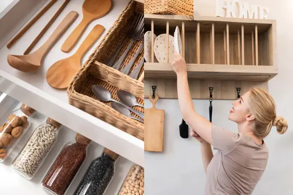 Organización en el departamento de cocina: cajón con utensilios de madera y cestas, y estante de madera con platos y una mujer.