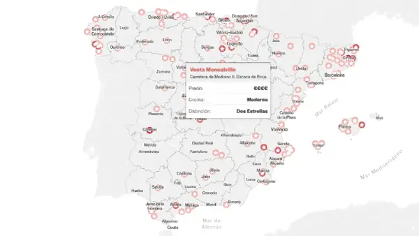 Mapa de España con estrellas Michelin y un cuadro de diálogo de restaurante.