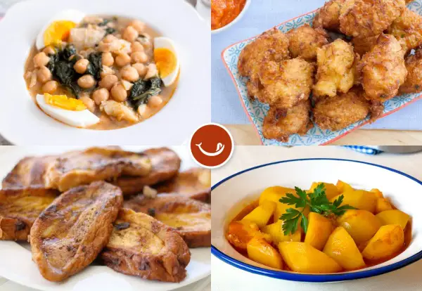 Cuatro platos típicos de comida Semana Santa: potaje de vigilia, buñuelos de bacalao, torrijas y patatas guisadas.