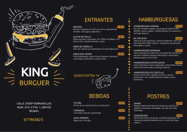 Menú de un restaurante King Burguer con entrantes, hamburguesas, bebidas y postres.