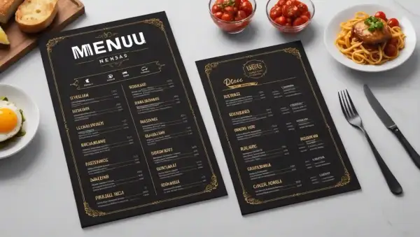 Dos elegantes menús negros con detalles dorados muestran diferentes tipos de menú, junto a un plato de pasta y un huevo frito.