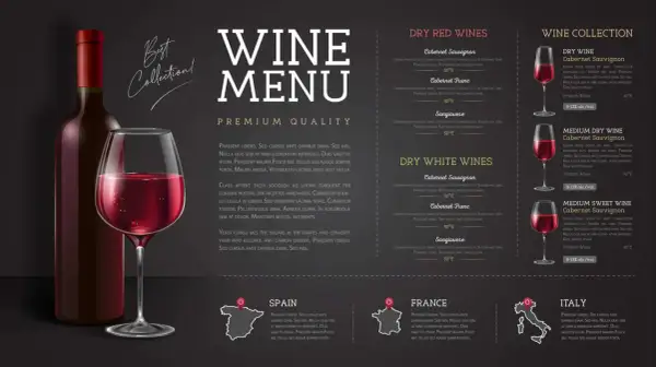 Una carta de vinos moderna con una botella y copa de vino tinto, mostrando variedades y orígenes.