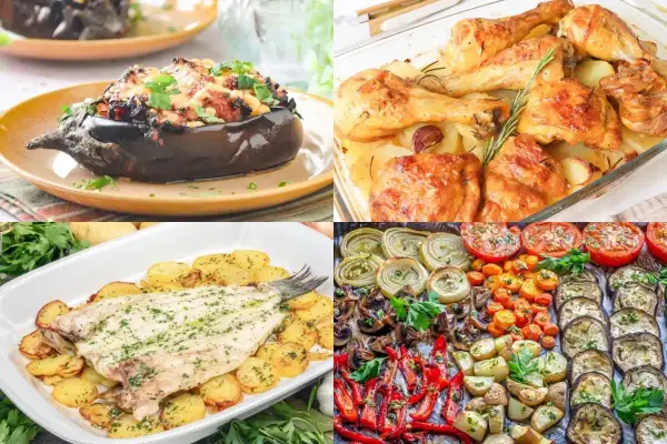 Variedad de recetas horno saludables: berenjena rellena, pollo asado con patatas, pescado al horno con patatas y verduras asadas.