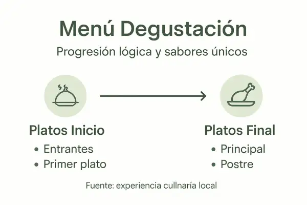 Ilustración de un menú degustación con platos de inicio (entrantes, primer plato) y platos finales (principal, postre), mostrando una progresión lógica.