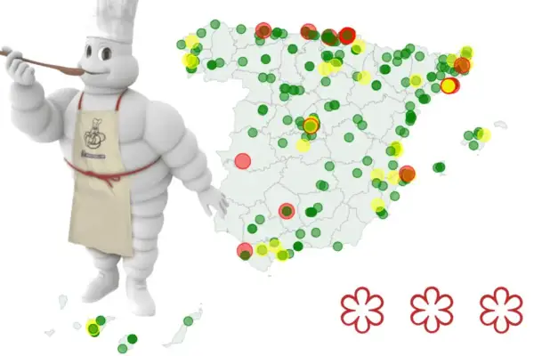 El muñeco Michelin prueba la gastronomía española. El mapa muestra cuántos restaurantes con estrella Michelin hay en España, con puntos verdes, amarillos y rojos.