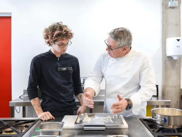 Un chef experimentado enseña a un joven aprendiz, mostrando diferentes tipos de chef en acción en una cocina profesional.