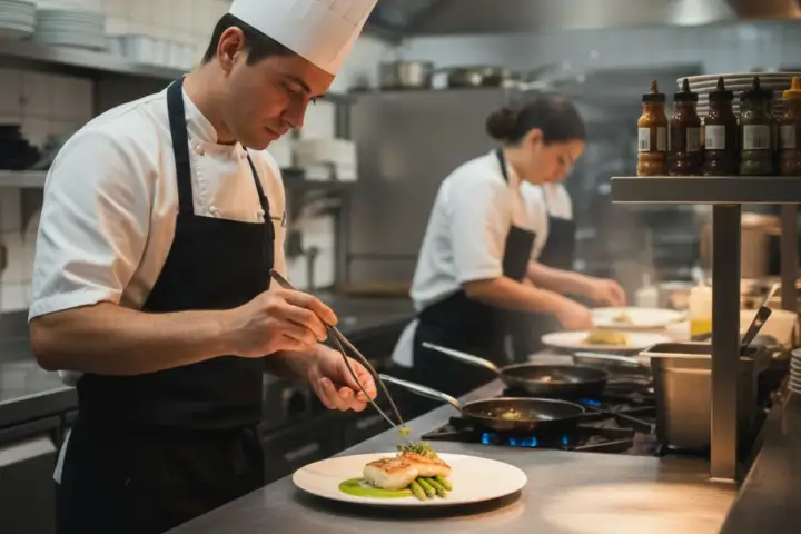 Chef emplatando un plato gourmet, parte del ciclo de cocina. Otro cocinero trabaja al fondo.